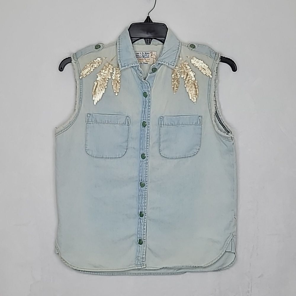 Embellished Light Blue Denim Vest